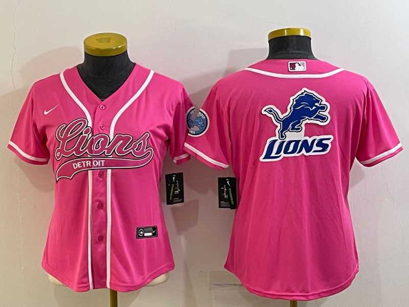 Women%27s Detroit Lions Pink Team Big Logo With Patch Cool Base Stitched Baseball Jersey->women nfl jersey->Women Jersey